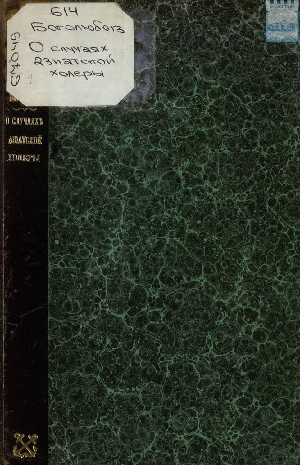 Обложка книги «О случаях заболевания азиатской холерой в Кронштадте в связи с их этиологией» — Н. Боголюбов
