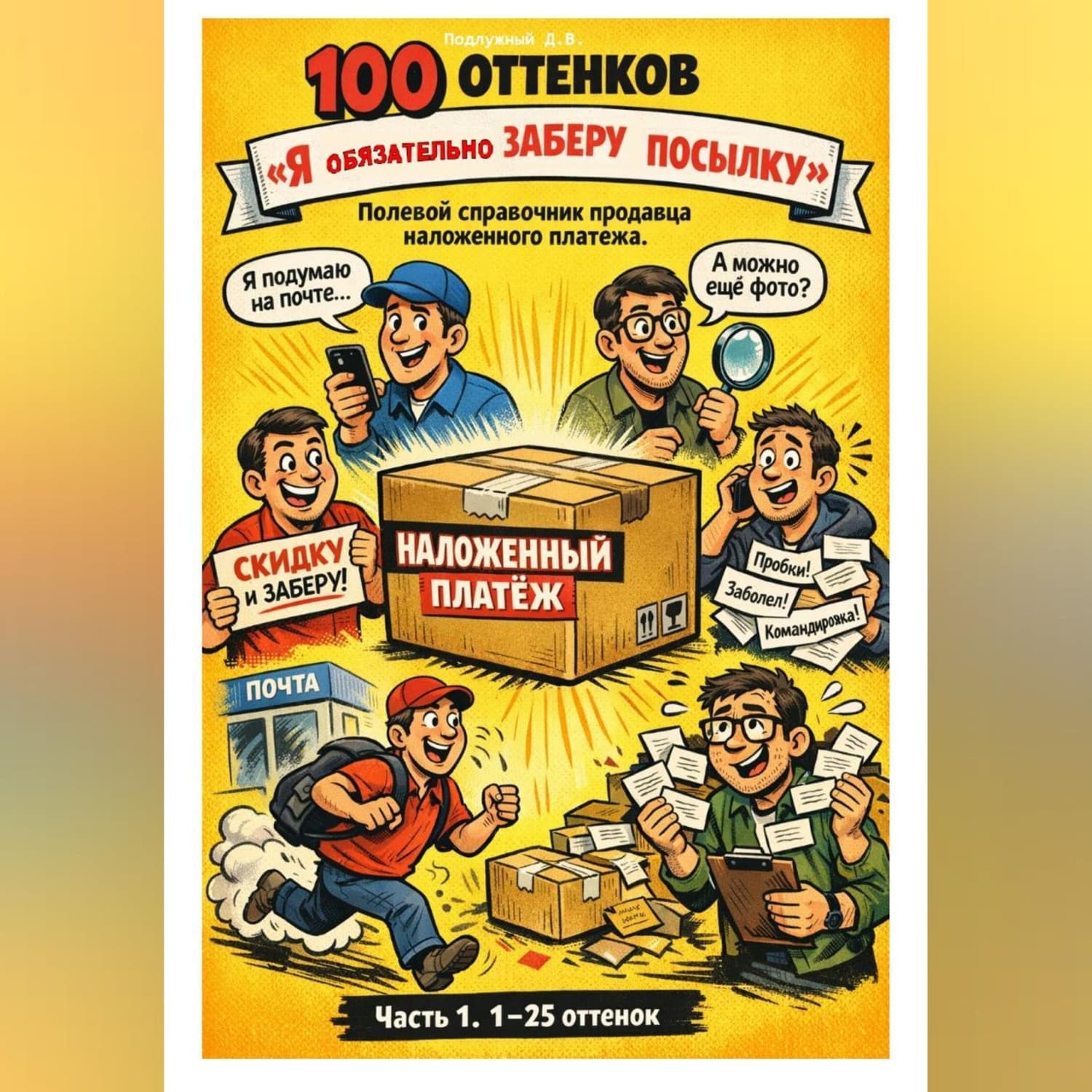 Обложка книги «100 оттенков «Я обязательно заберу посылку». Полевой справочник продавца наложенного платежа. Часть 1. 1-25 оттенок» — Дмитрий Подлужный