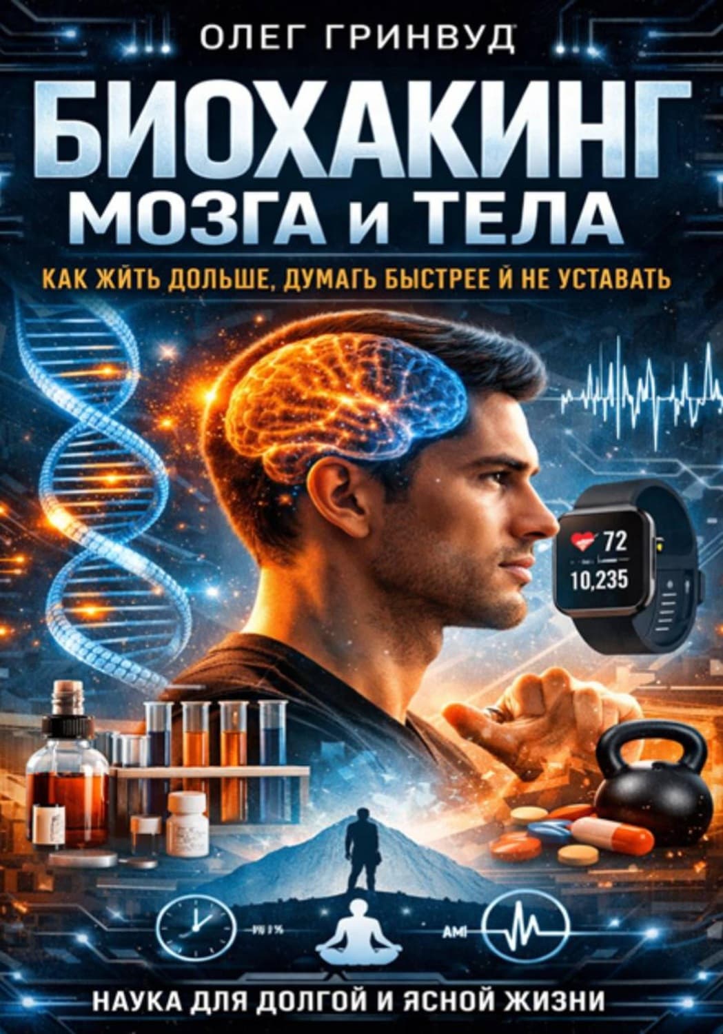 Обложка книги «Биохакинг мозга и тела: как жить дольше, думать быстрее и не уставать» — Олег Гринвуд