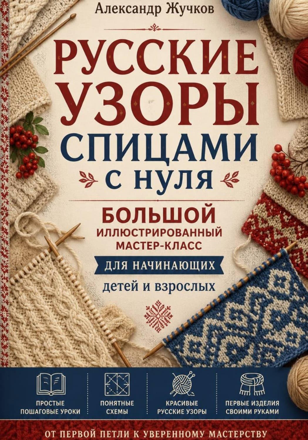 Обложка книги «Русские узоры спицами с нуля. Большой иллюстрированный мастер-класс для начинающих детей и взрослых» — Александр Жучков