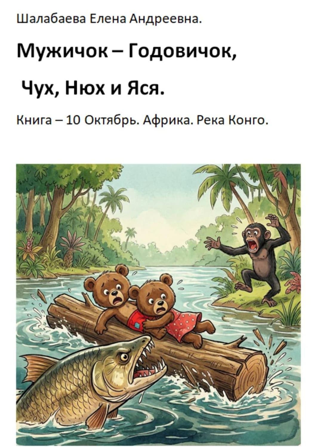 Обложка книги «Мужичок-годовичок, Чух, Нюх и Яся. Книга 10. Октябрь. Африка. Река Конго» — Елена Шалабаева